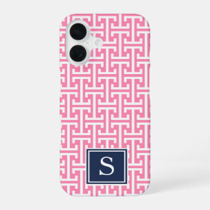 Monogram roze en Navy Preppy Pattern iPhone 16 Hoesje