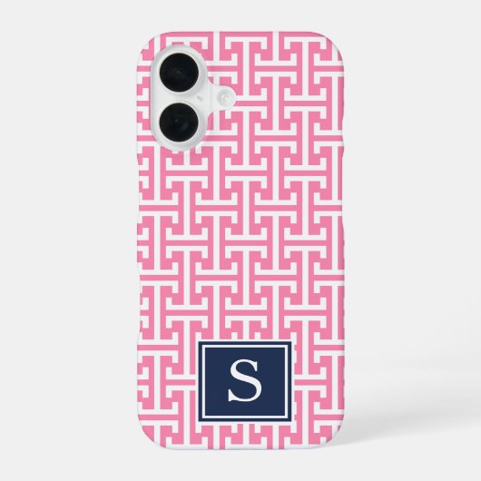 Monogram roze en Navy Preppy Pattern iPhone 16 Hoesje (Achterkant)