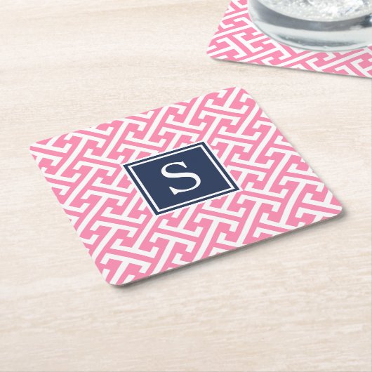 Monogram roze en Navy Preppy Pattern Kartonnen Onderzetters (Schuin)