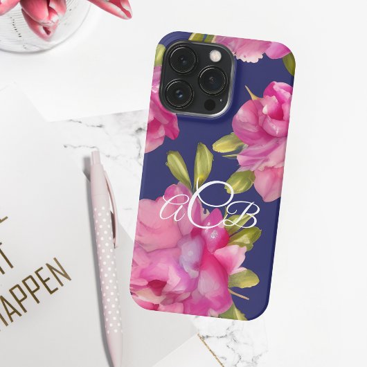 Monogram Roze en Navy Waterverf Flowers iPhone Hoesje