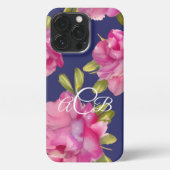 Monogram Roze en Navy Waterverf Flowers iPhone Hoesje (Achterkant)