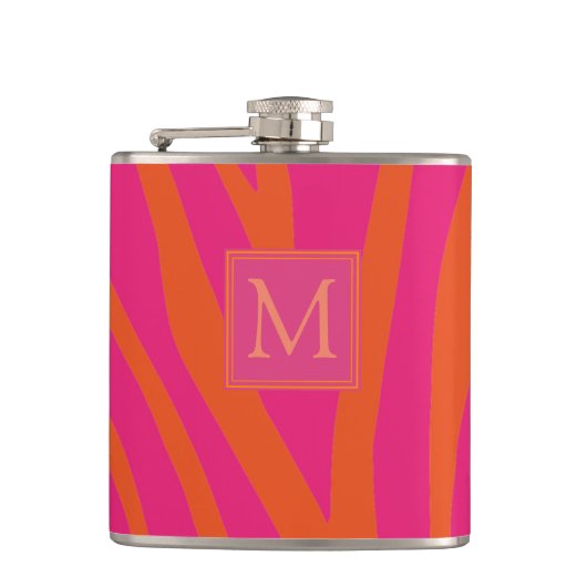 Monogram roze en Oranje Zebra Stripes Heupfles (Voorkant)