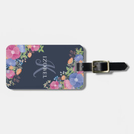 Monogram roze en paarse bloemen bagagelabel