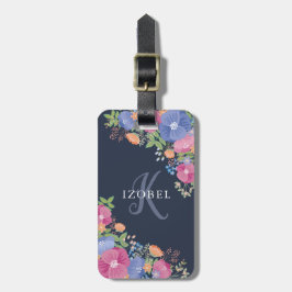 Monogram roze en paarse bloemen bagagelabel