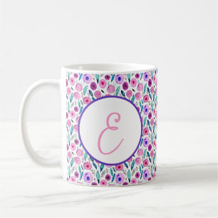 Monogram roze en paarse waterverf floreel patroon koffiemok