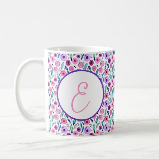 Monogram roze en paarse waterverf floreel patroon koffiemok (Links)