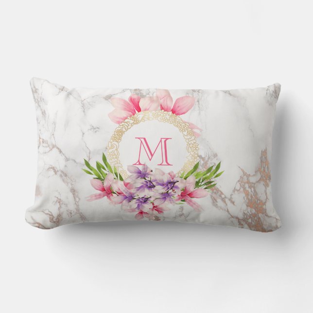 Monogram roze en Paarse Waterverf Flowers Kussen (Voorkant)