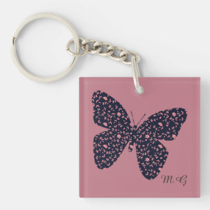 Monogram roze en Violet Floral Butterfly Sleutelhanger