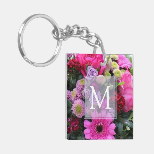 Monogram roze en Violet Flowers Sleutelhanger (Voorkant Links)