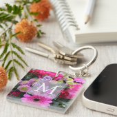 Monogram roze en Violet Flowers Sleutelhanger (Voorkant Rechts)
