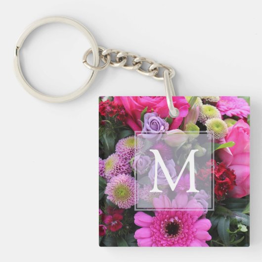 Monogram roze en Violet Flowers Sleutelhanger (Voorkant)