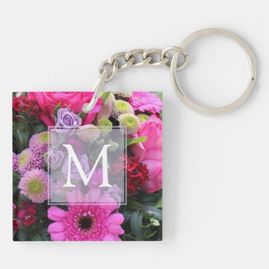 Monogram roze en Violet Flowers Sleutelhanger (Achterkant)