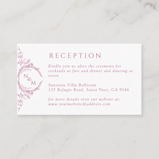 Monogram Roze en Wit Huwelijksreceptie Informatiekaartje (Voorkant)