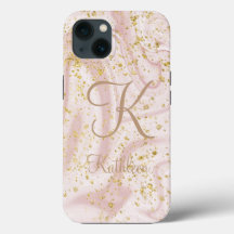 Monogram Roze en Wit Marmer Draaiend Goud Glitter