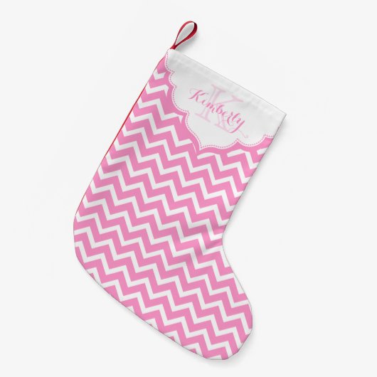Monogram roze en wit zigzag Chevron Kleine Kerstsok (Voorkant (Hangend))