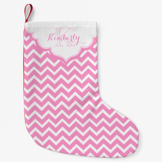 Monogram roze en wit zigzag Chevron Kleine Kerstsok (Voorkant)