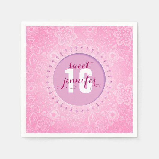 Monogram roze en witte bloemen en vlinders kant servet (Voorkant)