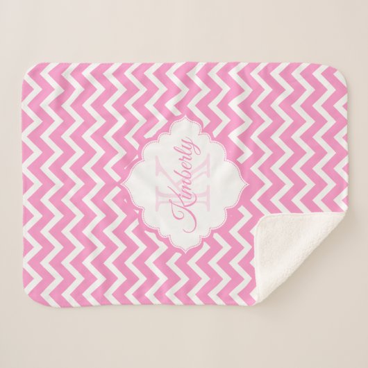 Monogram roze en witte Chevron Sherpa Deken (Voorkant (horizontaal))