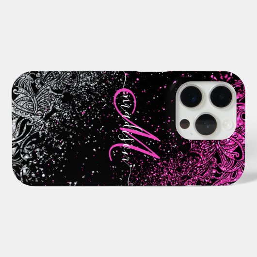 Monogram Roze en Witte Glitter Case-Mate iPhone Case (Achterkant (horizontaal))