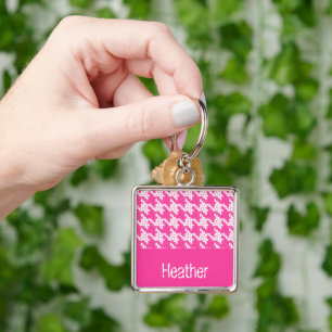 Monogram roze en witte horsthoek patroon sleutelhanger