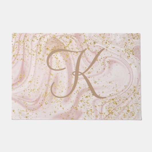 Monogram Roze en Witte Marmer Draai Goud Glitter Deurmat (Voorkant)