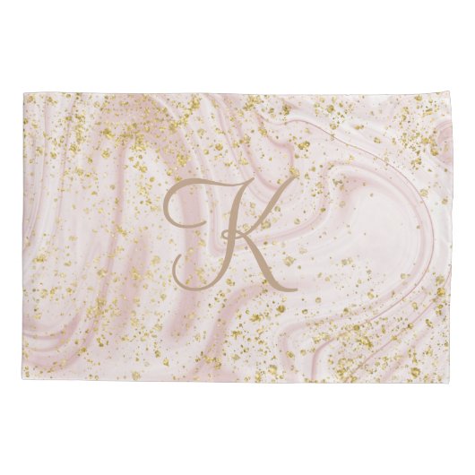 Monogram Roze en Witte Marmer Draai Goud Glitter Kussensloop (Achterkant)