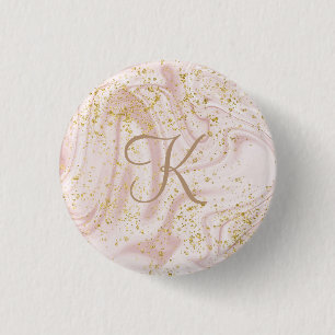Monogram Roze en Witte Marmer Draai Goud Glitter Ronde Button 3,2 Cm