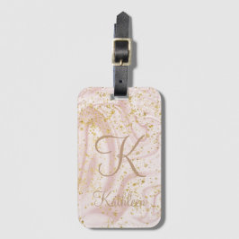 Monogram Roze en witte marmer Glitter Glitter Bagagelabel