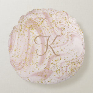 Monogram Roze en witte marmer Glitter Glitter Rond Kussen