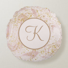 Monogram Roze en witte marmer Glitter Glitter Rond Kussen