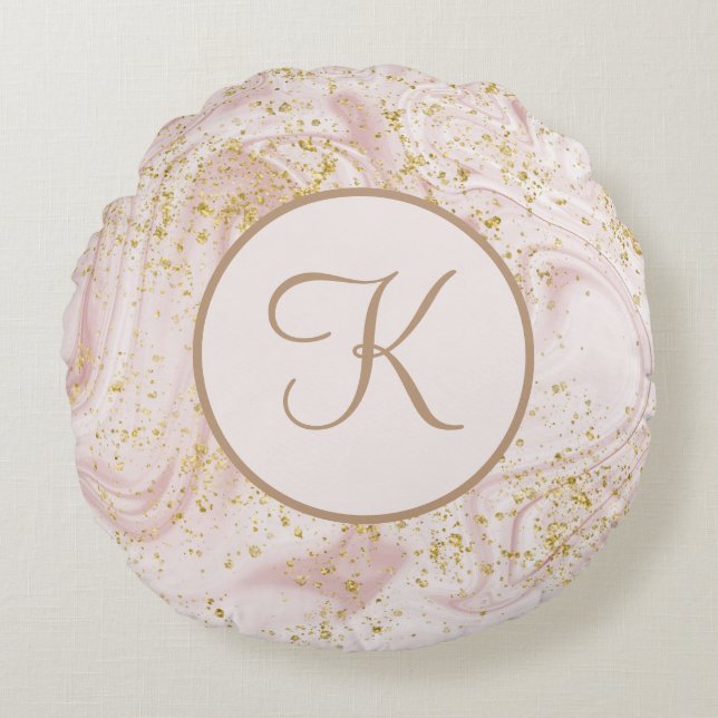 Monogram Roze en witte marmer Glitter Glitter Rond Kussen (Voorkant)