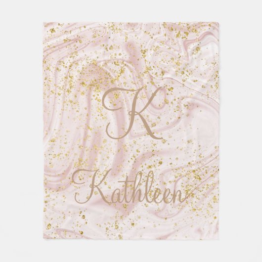 Monogram Roze en Witte Marmer Werveling Goud Glitt Fleece Deken (Voorkant)