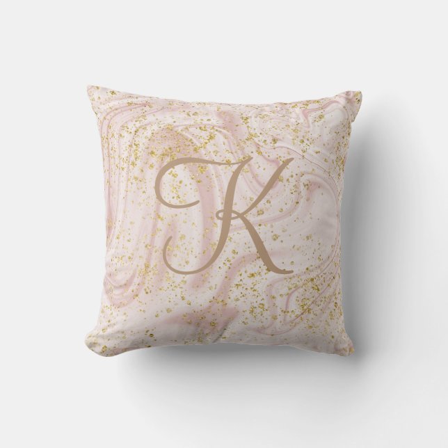 Monogram Roze en Witte Marmer Werveling Gouden Gli Kussen (Voorkant)