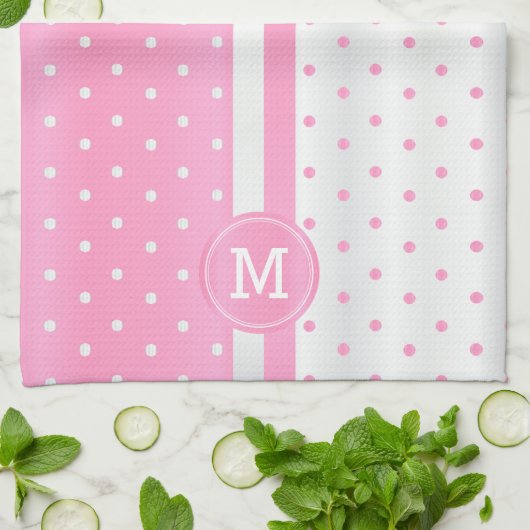 Monogram roze en witte poka dot theedoek (Gevouwen)