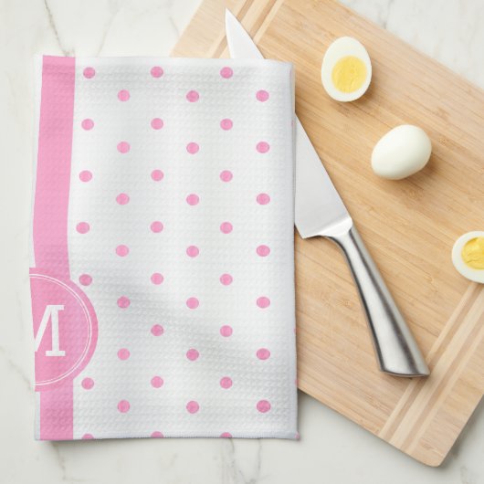 Monogram roze en witte poka dot theedoek (Quarter Fold)