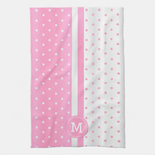 Monogram roze en witte poka dot theedoek