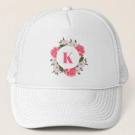 Monogram Roze en Witte Rozen Krans Cirkel Trucker Pet