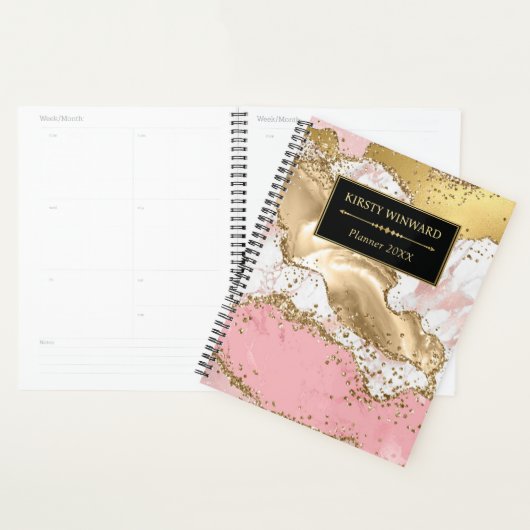 Monogram roze en witte steen en goudglitter Agate Planner (Display)