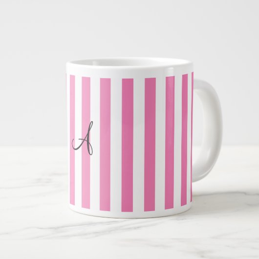 Monogram roze en witte strepen grote koffiekop (Voorkant rechts)