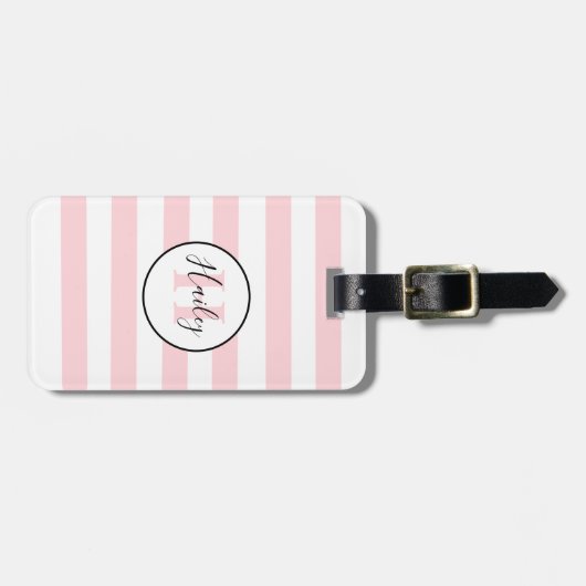 Monogram roze en witte stripe trendy bagagelabel (Voorkant horizontaal)