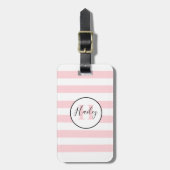 Monogram roze en witte stripe trendy bagagelabel (Voorkant verticaal)