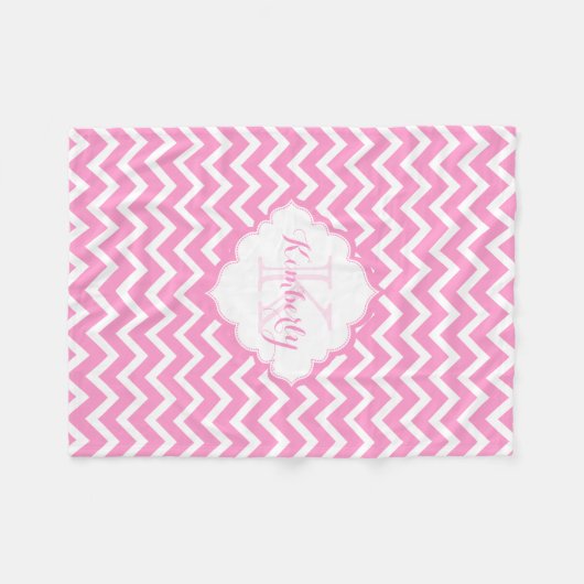 Monogram roze en witte zigzag Chevron Fleece Deken (Voorkant (Horizontaal))