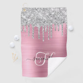 Monogram Roze en Zilveren Dripping Glitter Golfhanddoek (Insitu)