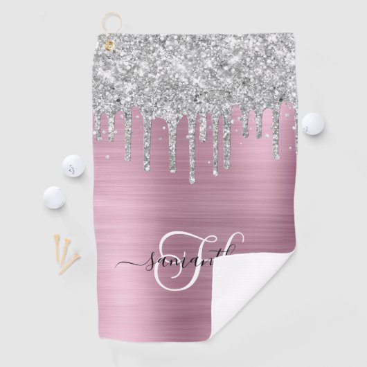 Monogram Roze en Zilveren Dripping Glitter Golfhanddoek (Insitu)