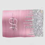 Monogram Roze en Zilveren Dripping Glitter Golfhanddoek (Horizontaal)