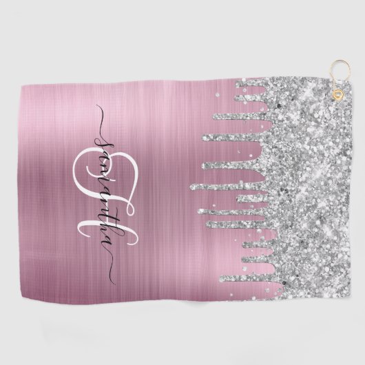 Monogram Roze en Zilveren Dripping Glitter Golfhanddoek (Horizontaal)