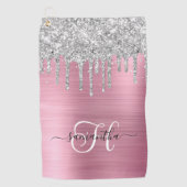 Monogram Roze en Zilveren Dripping Glitter Golfhanddoek (Voorkant)
