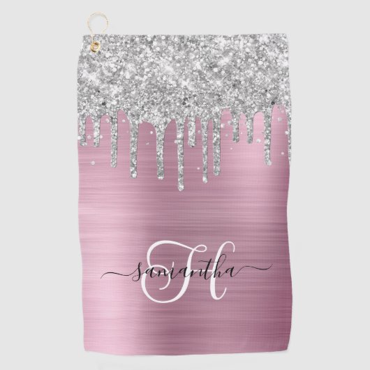 Monogram Roze en Zilveren Dripping Glitter Golfhanddoek (Voorkant)