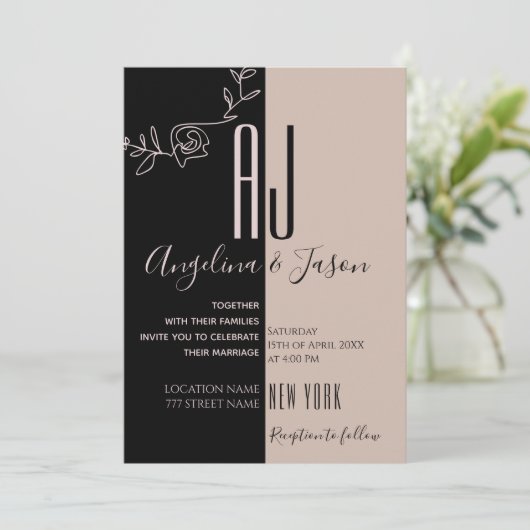 Monogram Roze en Zwart huwelijk Kaart (Staand voorkant)