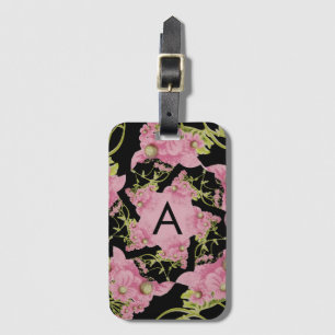 Monogram roze en zwarte Achillea Bagagelabel